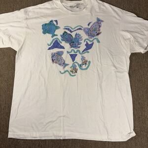 Vintage 90s Fish T-shirt Nature Ocean Wave Abstract Purple White XL 25.5x30.